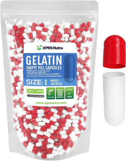 XPRS Nutra Size 1 Empty Gelatine Capsules - 1000 Count - DIY Capsule Filling - Bovine Gelatine (Red/White)