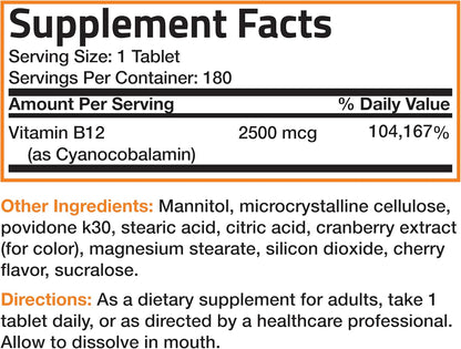 Bronson Vitamin B12 2500mcg Sublingual Tablets - Cherry Flavoured Fast Dissolve - 180 Tablets