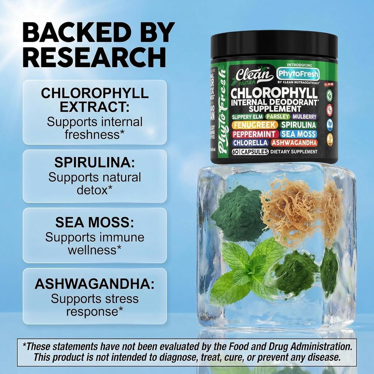 Clean Nutra Chlorophyll Capsules Supplement Internal Deodorant Peppermint, Sea Moss, Parsley, Chlorella, Spirulina, Slippery Elm, Ashwagandha, PhytoFresh Greens Detox Pills - görsel 3