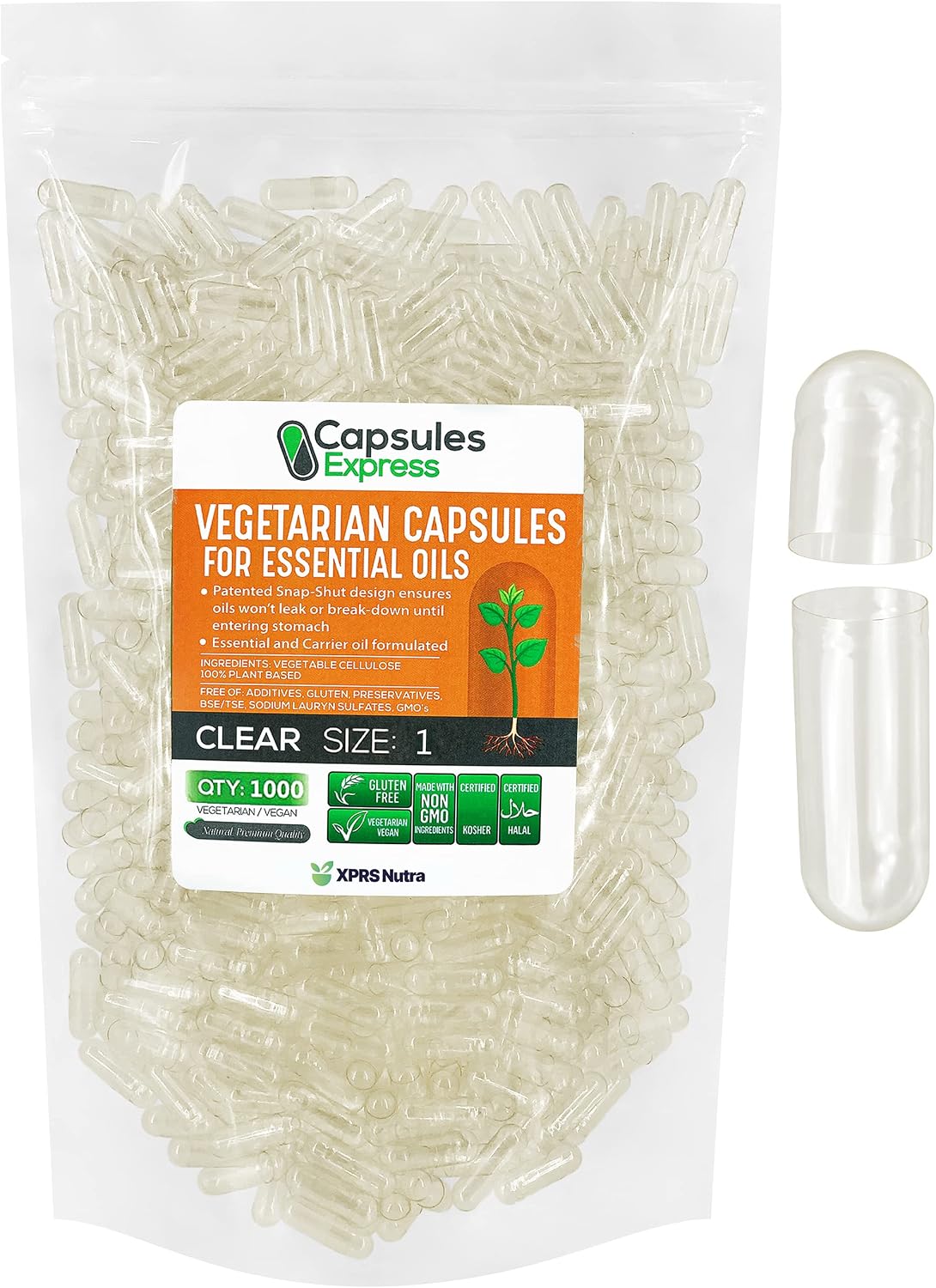 XPRS Nutra Size 1 Empty Vegan Capsules – 1000 Count Clear Veggie Capsules for Essential Oils – DIY Oil Filling - görsel 1