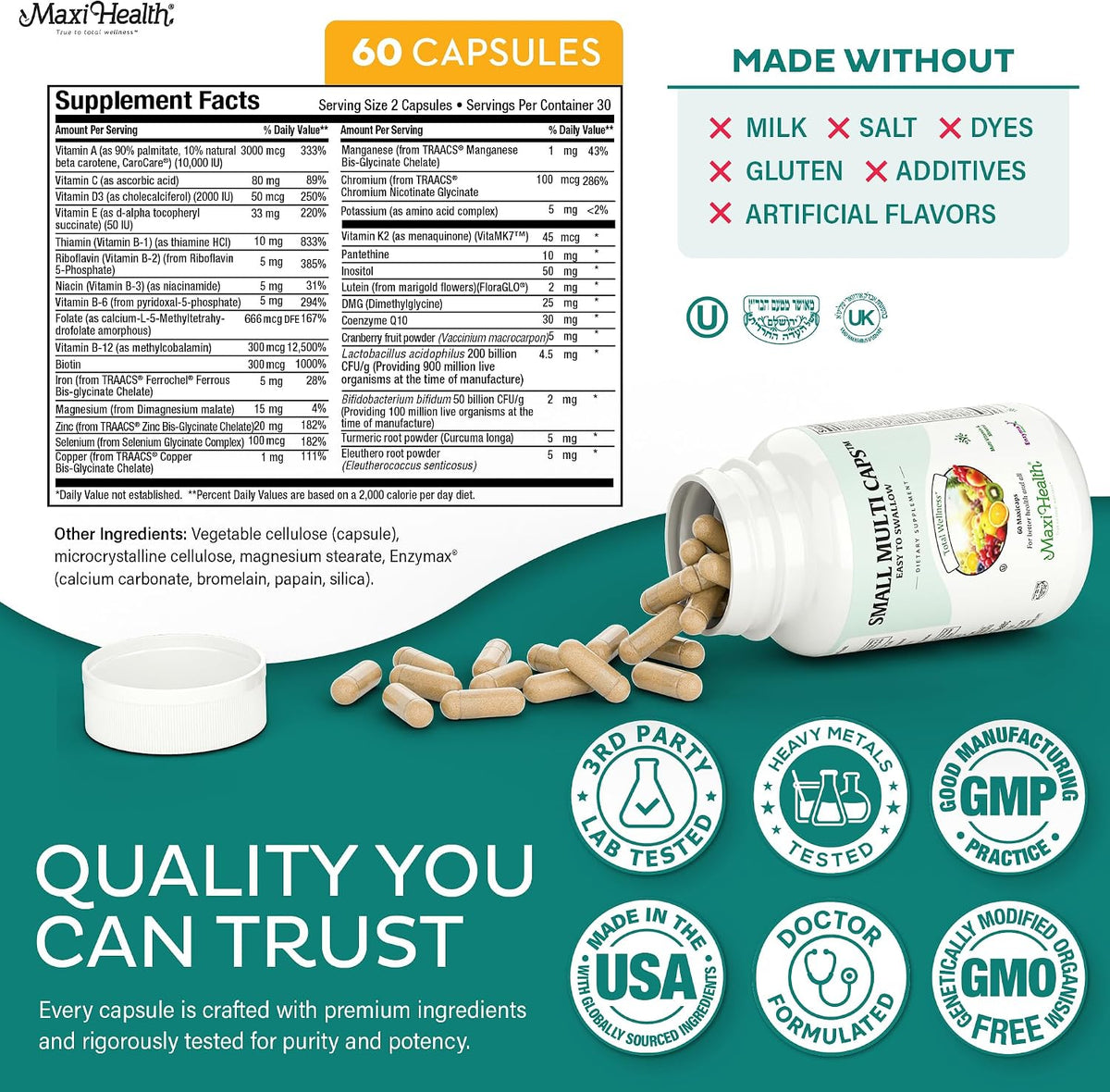 Maxi Health Multivitamin – Easy-to-Swallow Capsules with 30 Nutrients, Iron & Probiotics for Daily Wellbeing Support (60 – Image 6