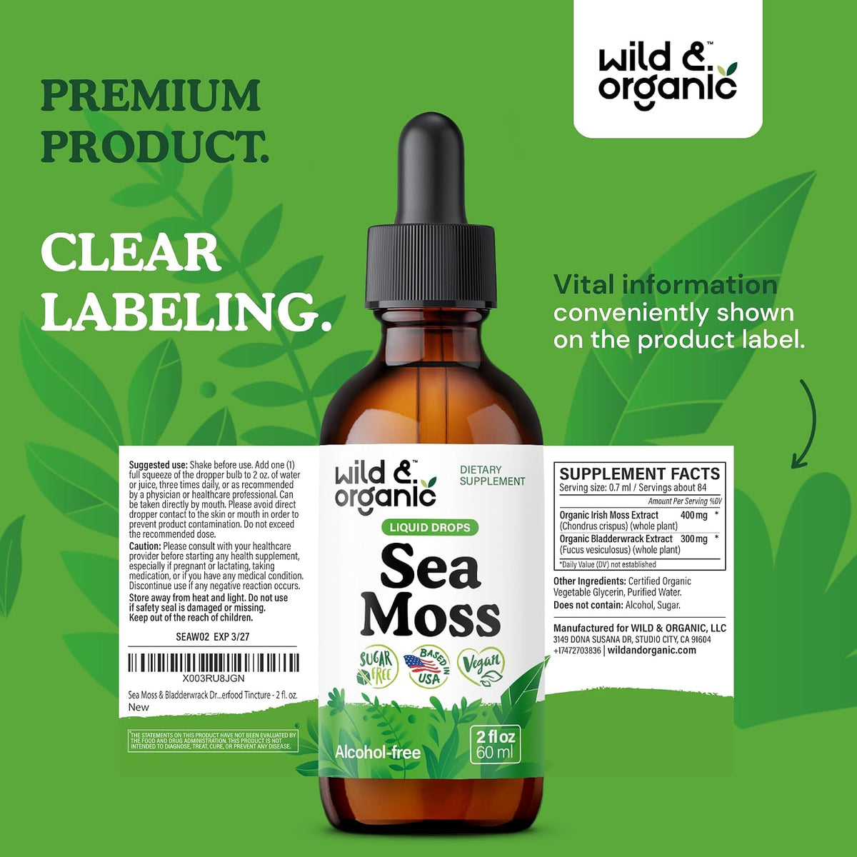 Wild & Organic Sea Moss Liquid Drops - Immune Support - Irish Sea Moss and Bladderwrack Tincture - Multimineral Chondrus Crispus Supplement - Vegan, Sugar & Alcohol-Free - 60 ml - görsel 9