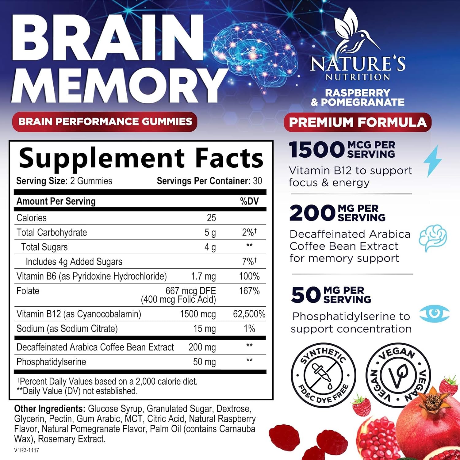 Nature's Nutrition Brain Gummies for Memory and Focus – 3X Strength with B6, B12, Phosphatidylserine – 60 Gummies - görsel 2