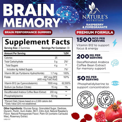 Nature's Nutrition Brain Gummies for Memory and Focus – 3X Strength with B6, B12, Phosphatidylserine – 60 Gummies