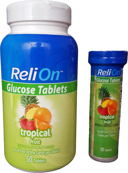 ReliOn Glucose Tablets, Tropical Fruit Flavour – 50 Tablets + On-The-Go Tube (10 Tablets)