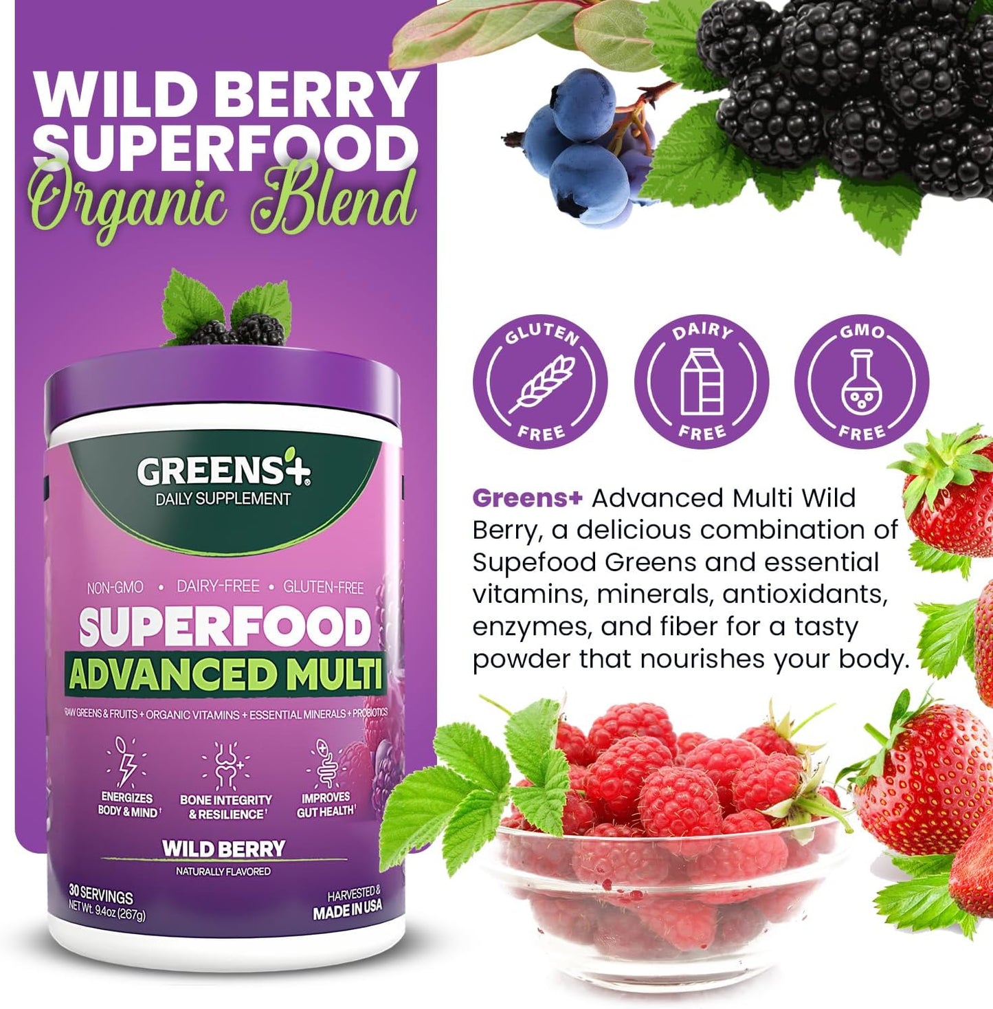 Greens+ Advanced Multi Wild Berry Superfood Powder - görsel 2