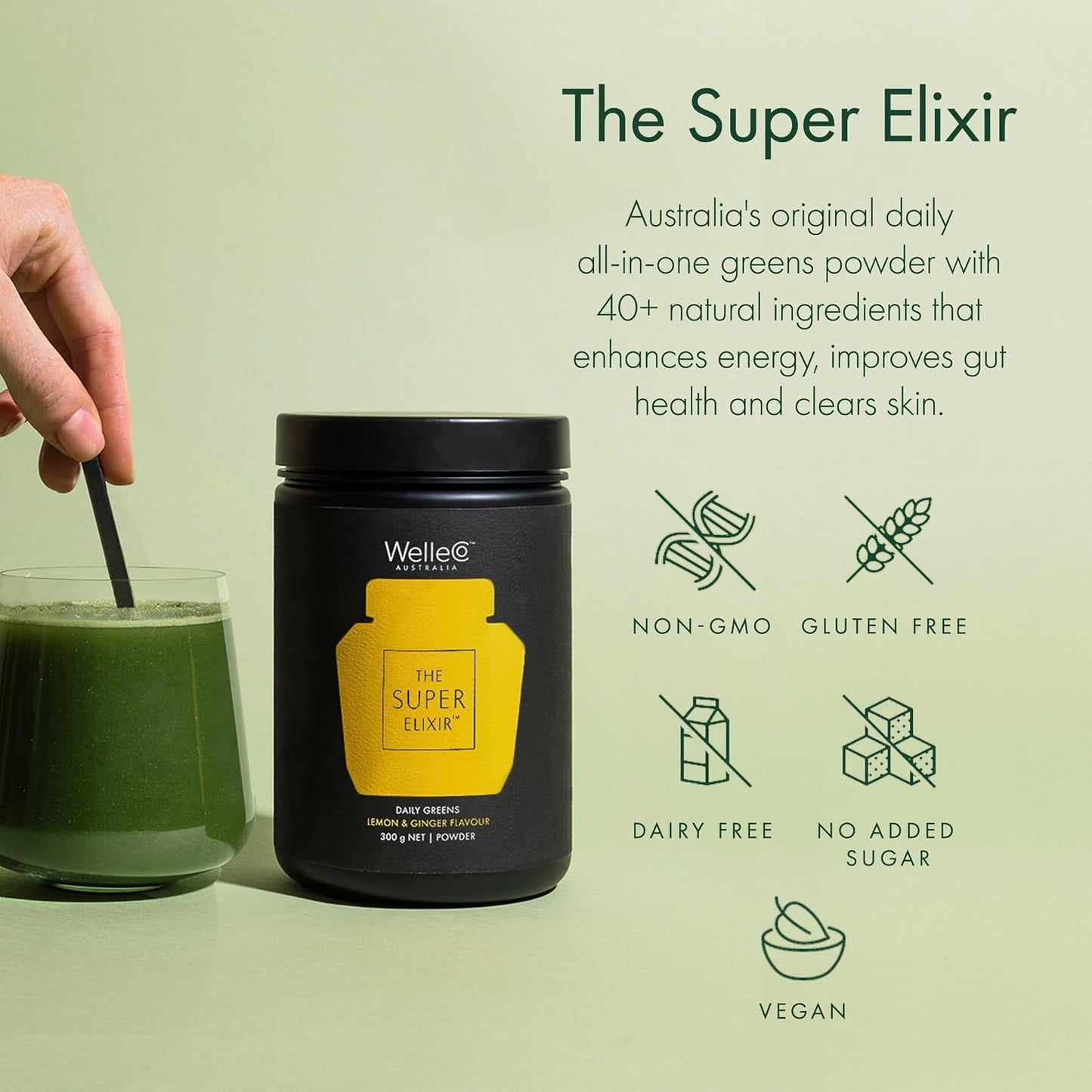 WelleCo The Super Elixir Daily Greens Powder – Probiotic Superfood Blend with Whole Foods, Lemon Ginger, 300g - görsel 5