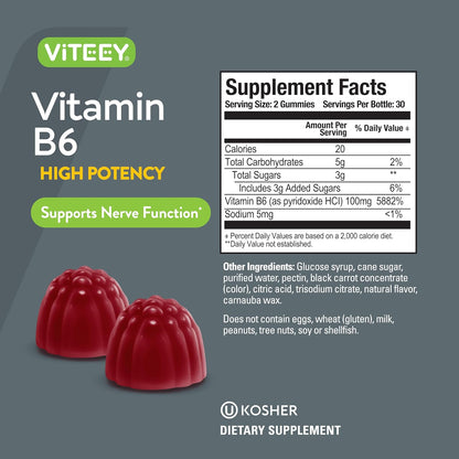 Viteey Vitamin B6 Gummies | Energy, Nerve & Mood Support - 100mg, Vegan, Gluten-free - 60 Gummies