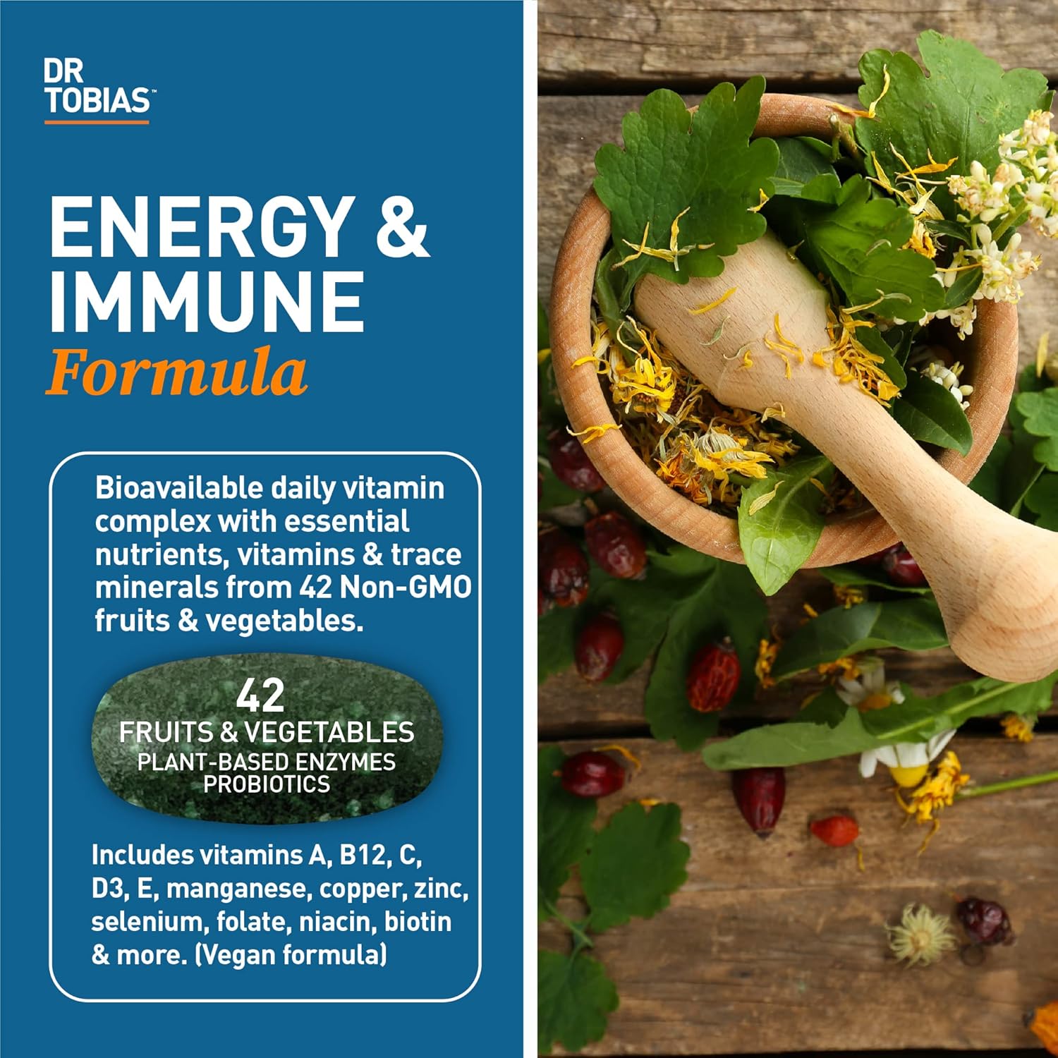 Dr. Tobias Adult Multivitamin for Women & Men – Immune Supporting Vitamins from 42 Fruits, Vegetables, Plus Probiotics, Vegan, Non-GMO (90 Tablets) - görsel 2