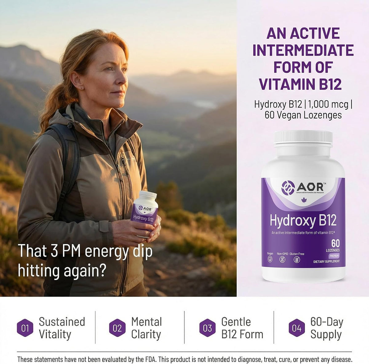 AOR Hydroxy B12 1000mcg Lozenges | Hydroxocobalamin for Daily Vitality - görsel 2