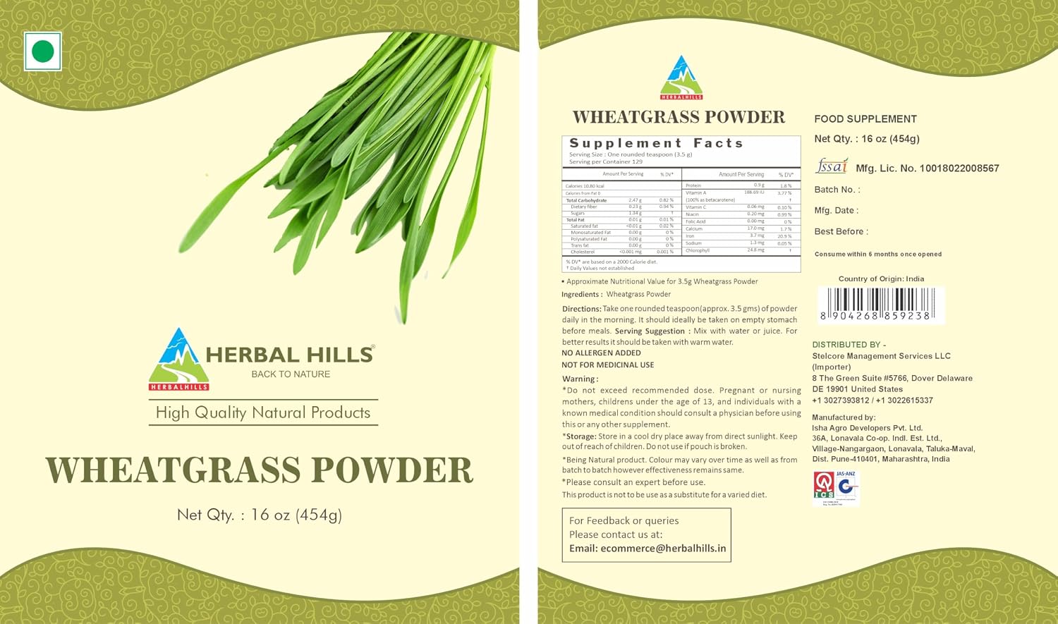 Herbal Hills Wheatgrass Powder | 454 g (16 oz) | Green Superfood Supplement - görsel 3