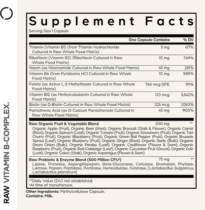 Codeage Raw Vitamin B-Complex Supplement - Essential B Vitamins with Probiotics, Digestive Enzymes, Fruits & Vegetables - 2-Month Supply - Methylfolate - Biotin - Vitamin B12 - Non-GMO - 60 Capsules
