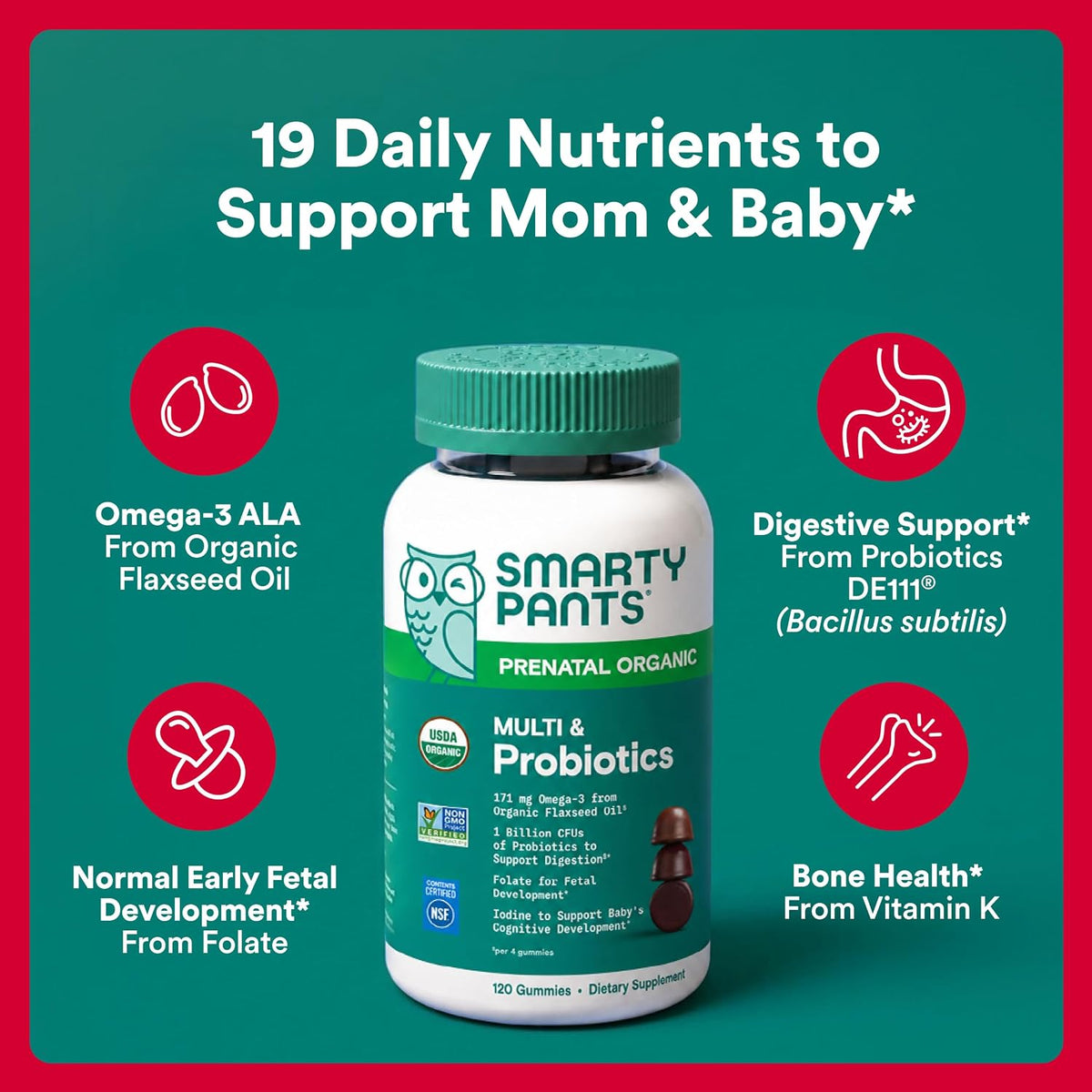 SmartyPants Organic Prenatal Vitamins for Women, Multivitamin Gummies with Probiotics, Methylfolate, Omega-3 ALA, Vitamin D3, K2, B12, and Choline, 120 Count (30 Day Supply) - görsel 2