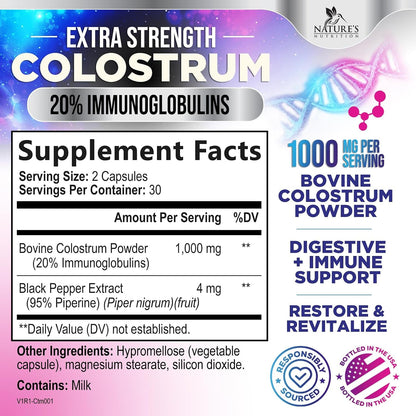 Nature's Nutrition Colostrum Supplement - 1000mg per Serving, 60 Capsules