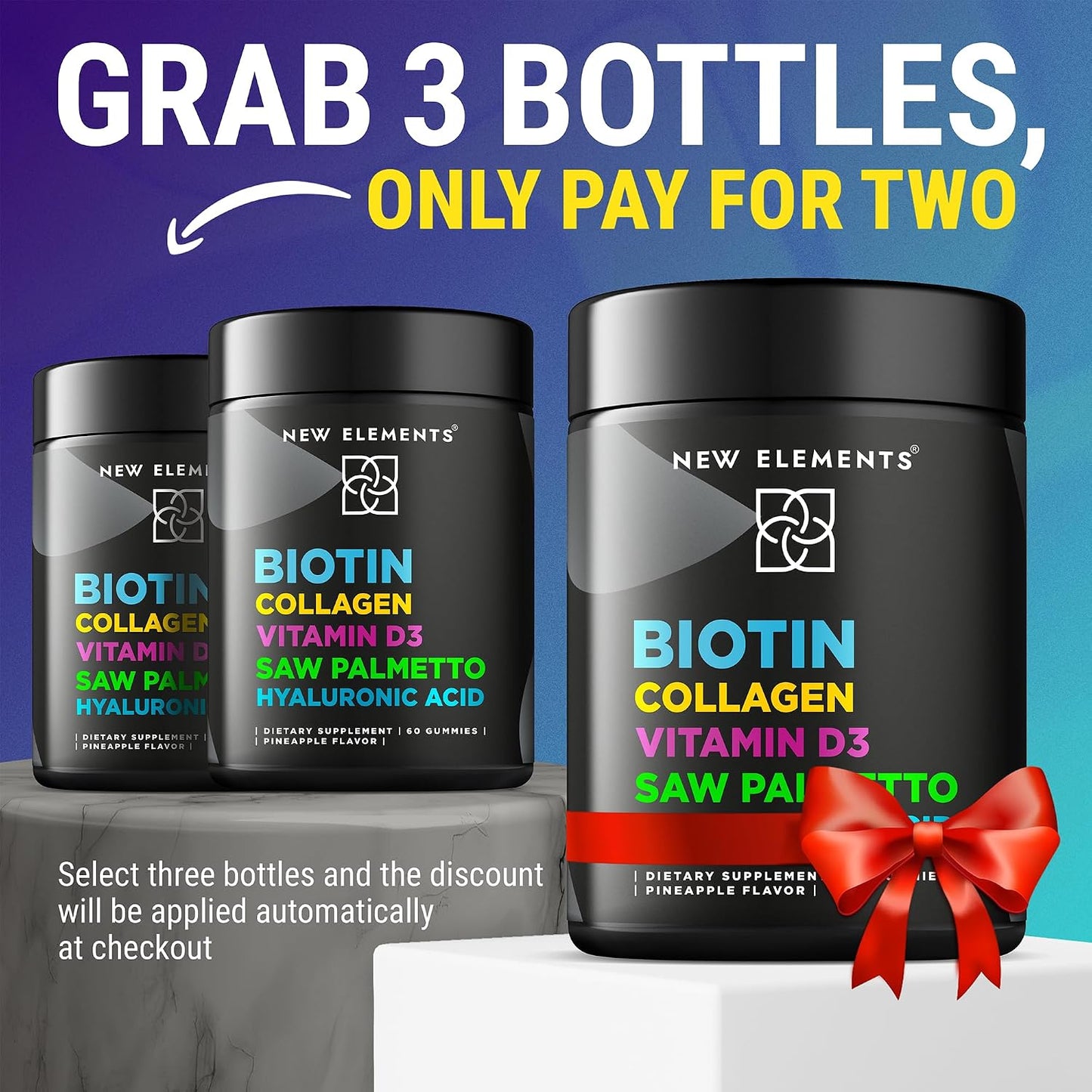 New Elements Biotin Gummies with Collagen, Vitamin D3, Saw Palmetto & Hyaluronic Acid for Hair, Skin and Nails - Non-GMO, Gluten-Free, Natural Pineapple Flavour - görsel 2