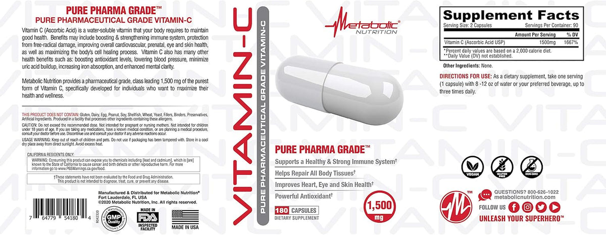 Metabolic Nutrition Vitamin C 1500mg - Pure Pharma-Grade, High Absorption Ascorbic Acid Capsules - görsel 3