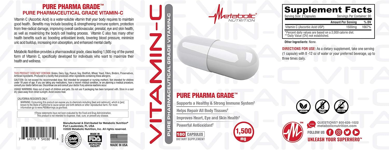 Metabolic Nutrition Vitamin C 1500mg - Pure Pharma-Grade, High Absorption Ascorbic Acid Capsules - görsel 3