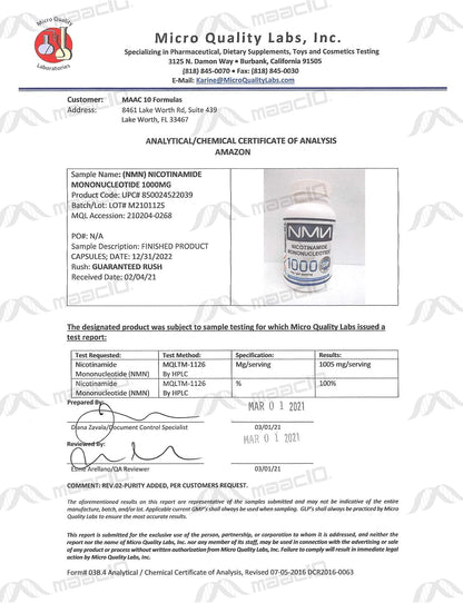 MAAC10 NMN Supplement 1000mg Pure Nicotinamide Mononucleotide