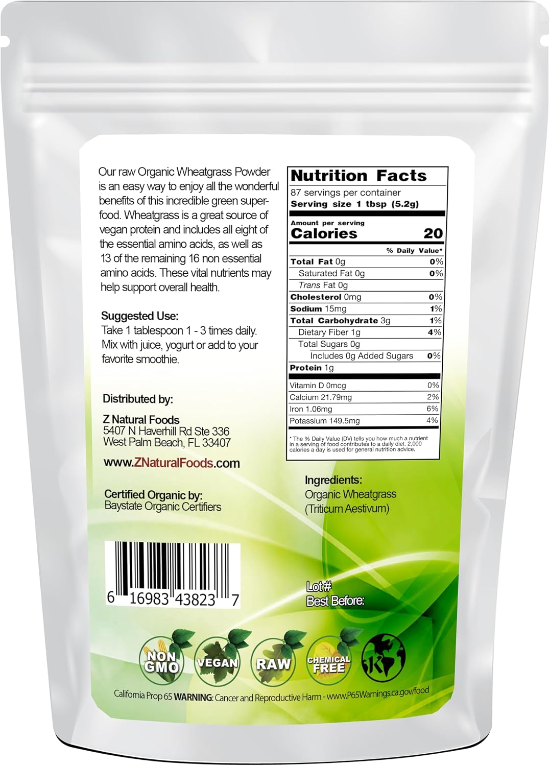 Z Natural Foods Organic Wheatgrass Powder - Green Superfood, 454 g (87 Servings) - görsel 2