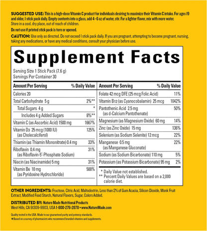 Nature Made Wellblends ImmuneMAX Fizzy Drink, Vitamin C 1500mg with Zinc 15mg, Vitamin D, Selenium, B Vitamins & Electrolyte Hydration Blend, 30 Sachets, Orange