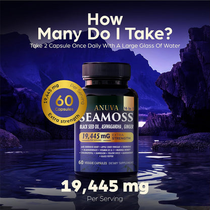 Anuva 16-in-1 Sea Moss Capsules | Black Seed Oil, Ashwagandha, Vitamin C, D3, Turmeric, Burdock, Bladderwrack & Multi-Minerals | 60 Vegetarian Capsules