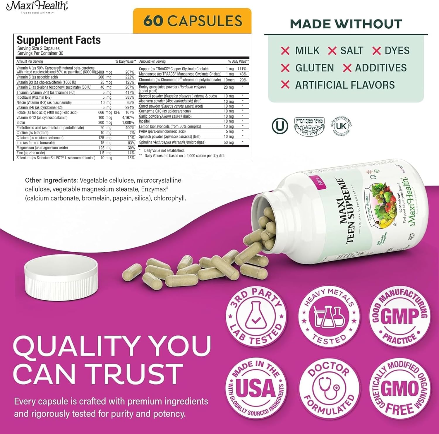 Maxi Health Teen Supreme Multivitamin for Girls 12-17 - 60 Tablets - görsel 6