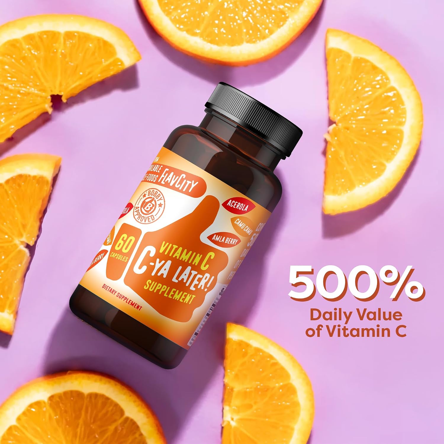 FlavCity Vitamin C Supplement, C-Ya Later! Superfood-Derived Immunity Support - Vitamin C from Acerola Cherry, Rose Hips & Camu Camu - 500% NRV (60 Capsules) - görsel 4