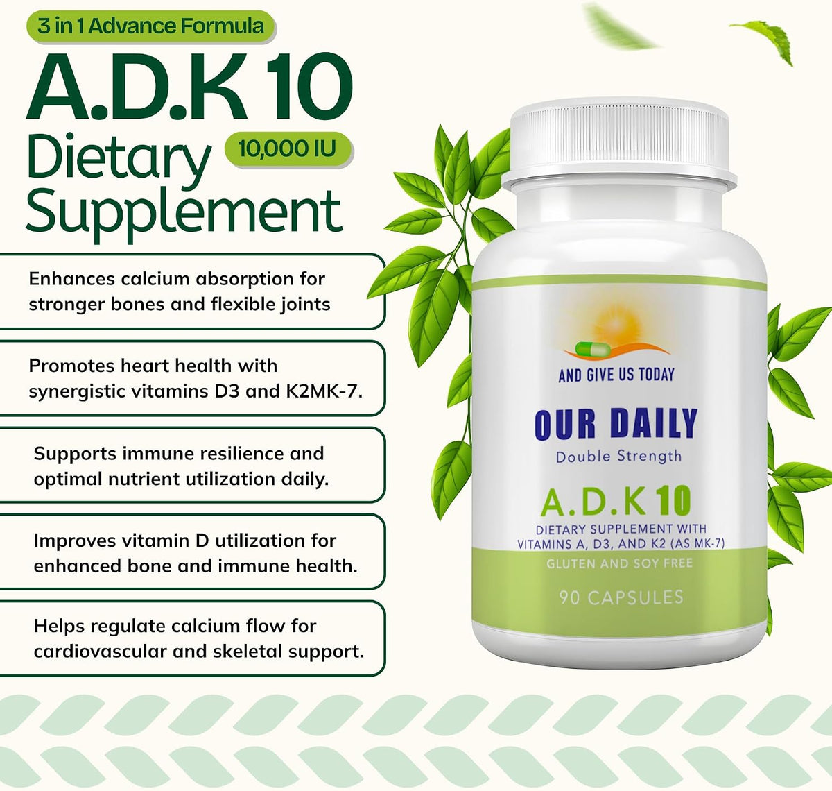 Daily Vites ADK 10 - High Potency Vitamin A, D3 10,000 IU & K2 (MK-7) - Doctor Formulated - Non-GMO, Gluten-Free - 90 Capsules - görsel 2