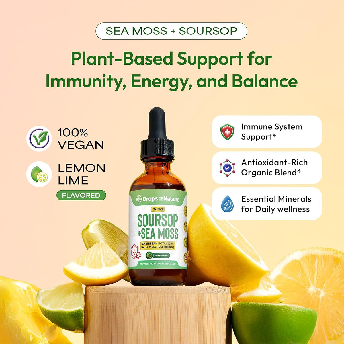 Drops Of Nature Soursop with Sea Moss Liquid Supplement – Concentrated Drops, Lemon and Lime, 60 ml - görsel 1