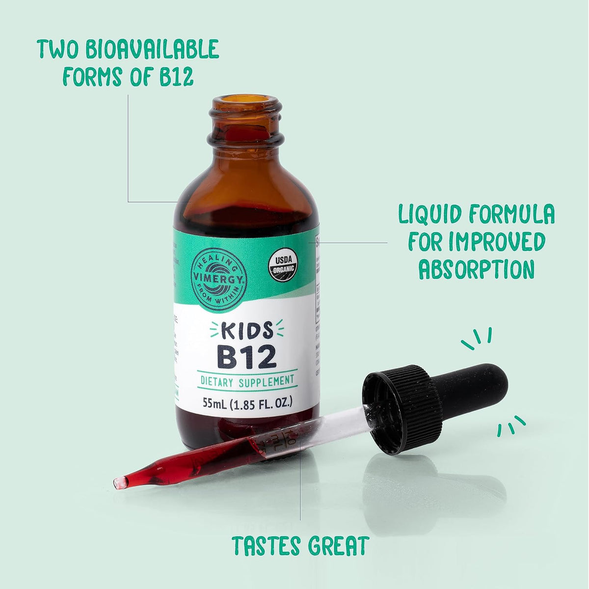 Vimergy Kids USDA Organic Liquid B12 – Promotes Physical Development & Cognitive Function – Fast-Absorbing Immune Support – Vegan, Non-GMO – 55 mL - görsel 2