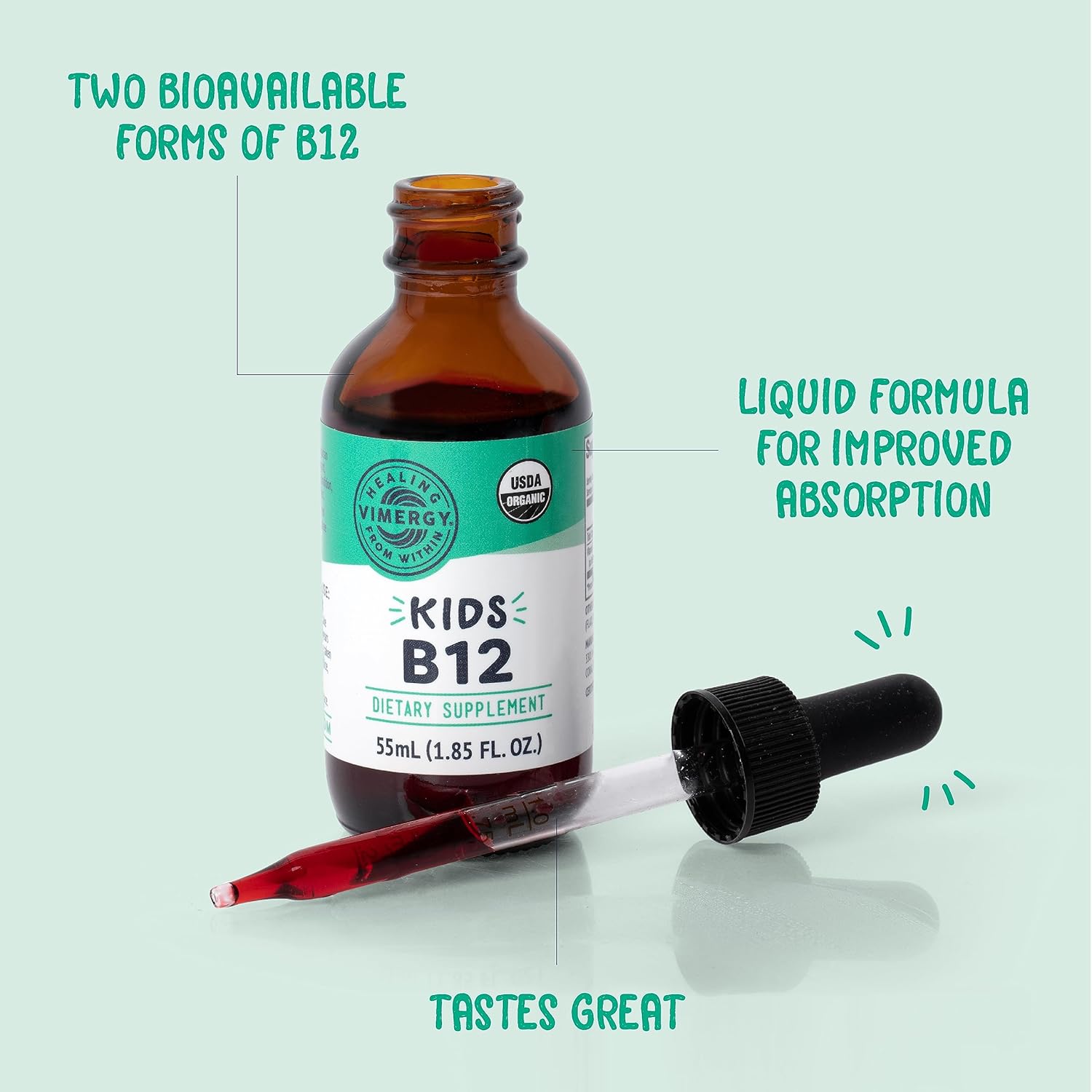 Vimergy Kids USDA Organic Liquid B12 – Promotes Physical Development & Cognitive Function – Fast-Absorbing Immune Support – Vegan, Non-GMO – 55 mL - görsel 2