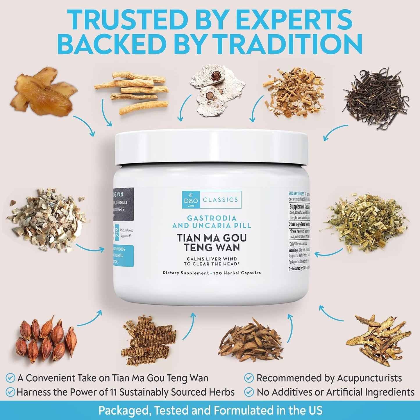 D’AO Labs Tian Ma Gou Teng Wan - Gastrodia and Uncaria Pill - Herbal Capsules. 100 Capsules. - görsel 4