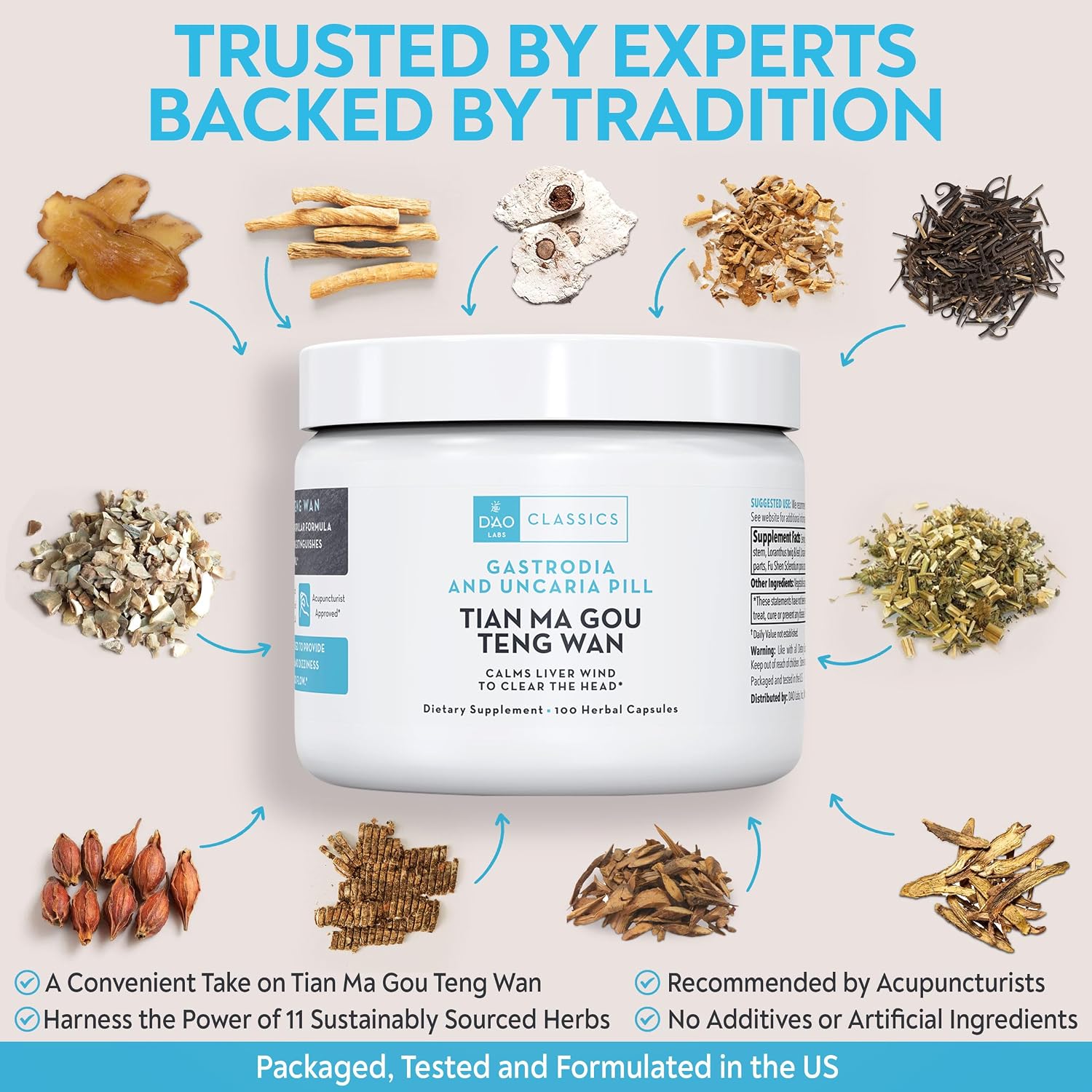 D’AO Labs Tian Ma Gou Teng Wan - Gastrodia and Uncaria Pill - Herbal Capsules. 100 Capsules. - görsel 4
