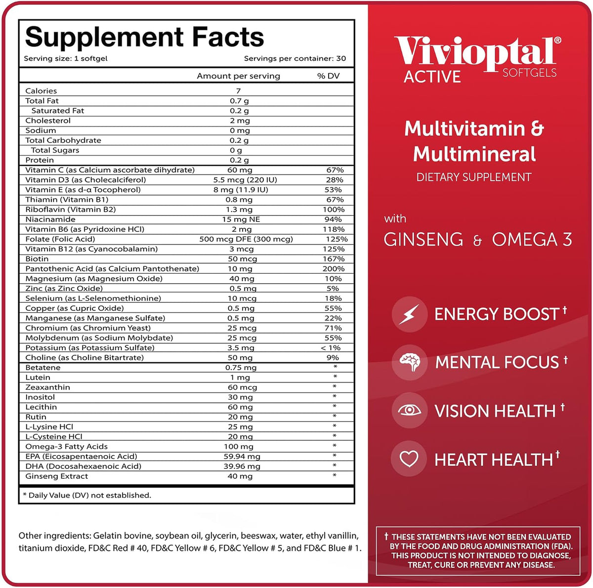 Vivioptal Active Multivitamin & Multimineral with Ginseng and Omega-3, 30 Softgels - görsel 6
