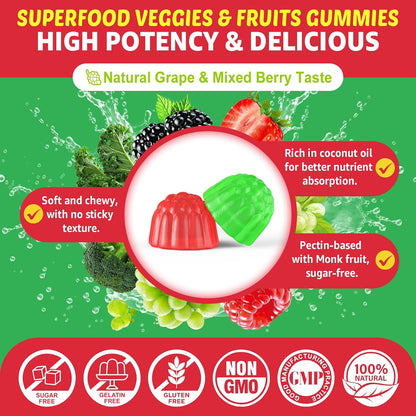 Super Greens Gummies - Daily Green Superfood Supplement with Spirulina, Chlorella, Mushrooms, Probiotics, Multivitamins, 50+ Super Greens & Veggies Gummies to Boost Immunity, Energy & Gut Health, 120 Count