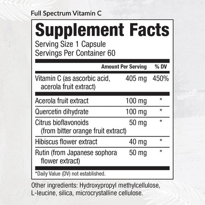 EquiLife Full Spectrum Vitamin C with Quercetin & Bioflavonoids - Antioxidant Formula to Support Immune Function and Collagen Formation - Gluten-free, Non GMO, 60 Capsules