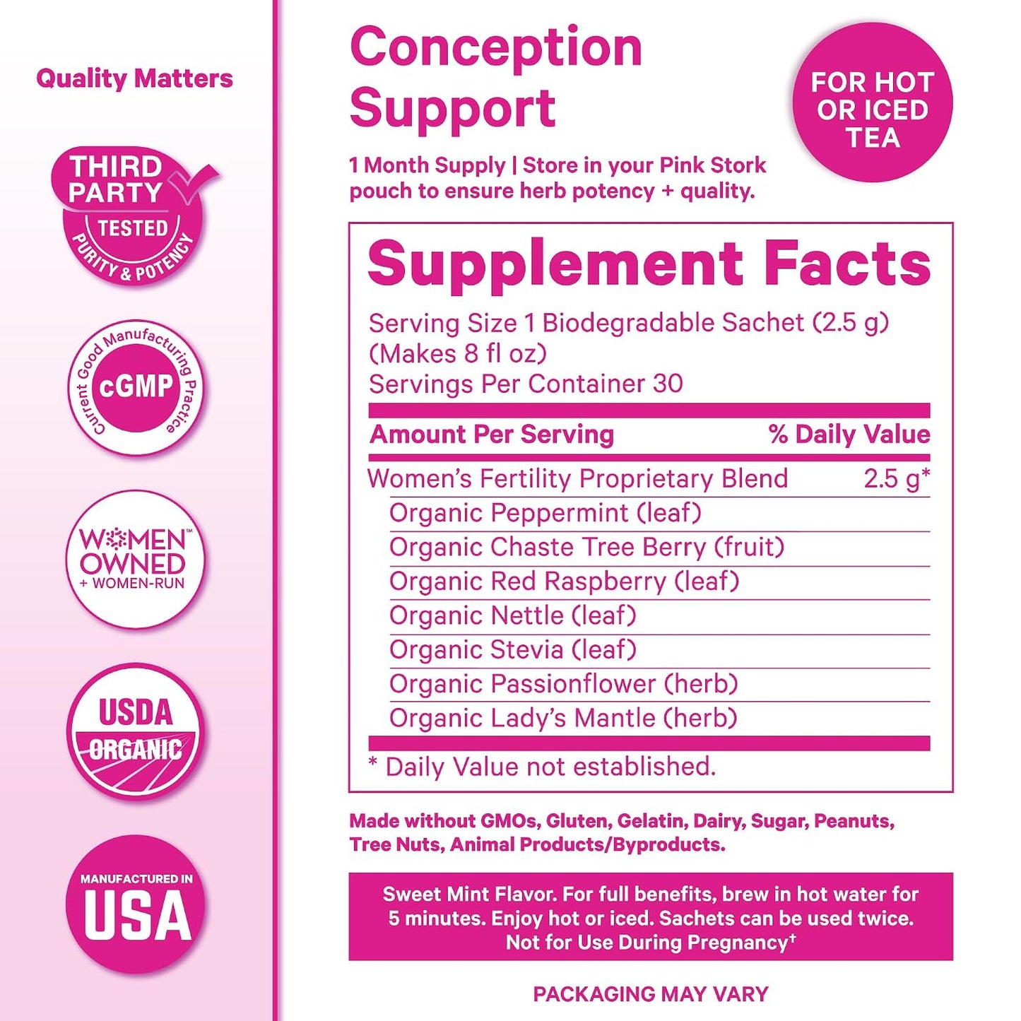 Pink Stork Organic Fertility Tea for Women, Sweet Mint, 15 Sachets | USDA Organic Herbs, Chaste Tree Berry (Vitex), Red Raspberry Leaf, Traditionally Used for Hormonal Balance, Caffeine Free, 30 Servings - görsel 2