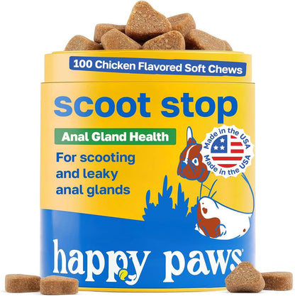 Happy Paws Scoot Stop Dog Chews, Anal Gland Support for Dogs, Soft Chews with Coconut Oil, Pumpkin, Sweet Potato & Sea Kelp for Healthy Digestion, Organic, Non-GMO, Vegan, Chicken Flavour, 200 Count