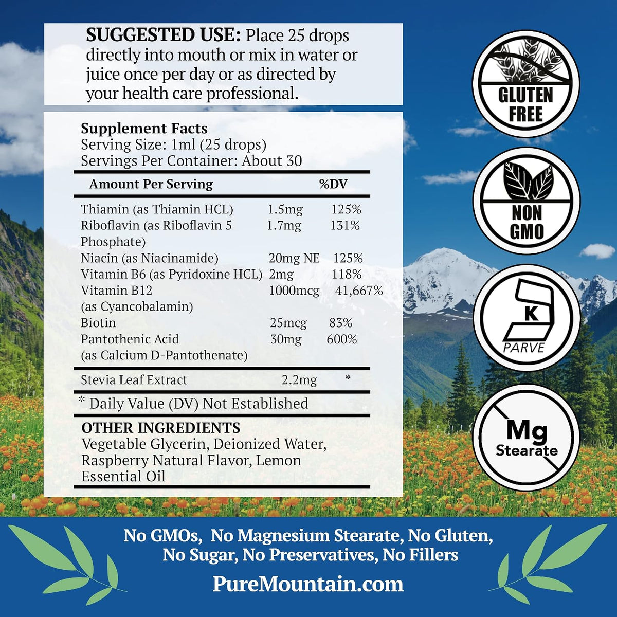 Pure Mountain Botanicals Liquid Vitamin B Complex - B12 B6 Drops - Raspberry Flavour - Kosher Non-GMO - 30 Servings - görsel 2