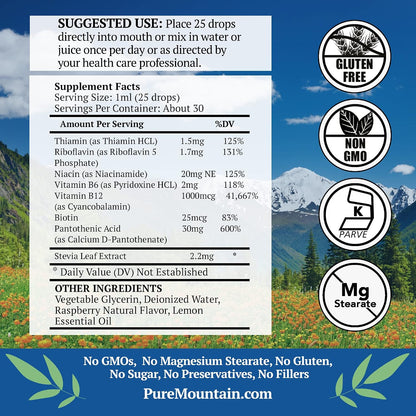 Pure Mountain Botanicals Liquid Vitamin B Complex - B12 B6 Drops - Raspberry Flavour - Kosher Non-GMO - 30 Servings