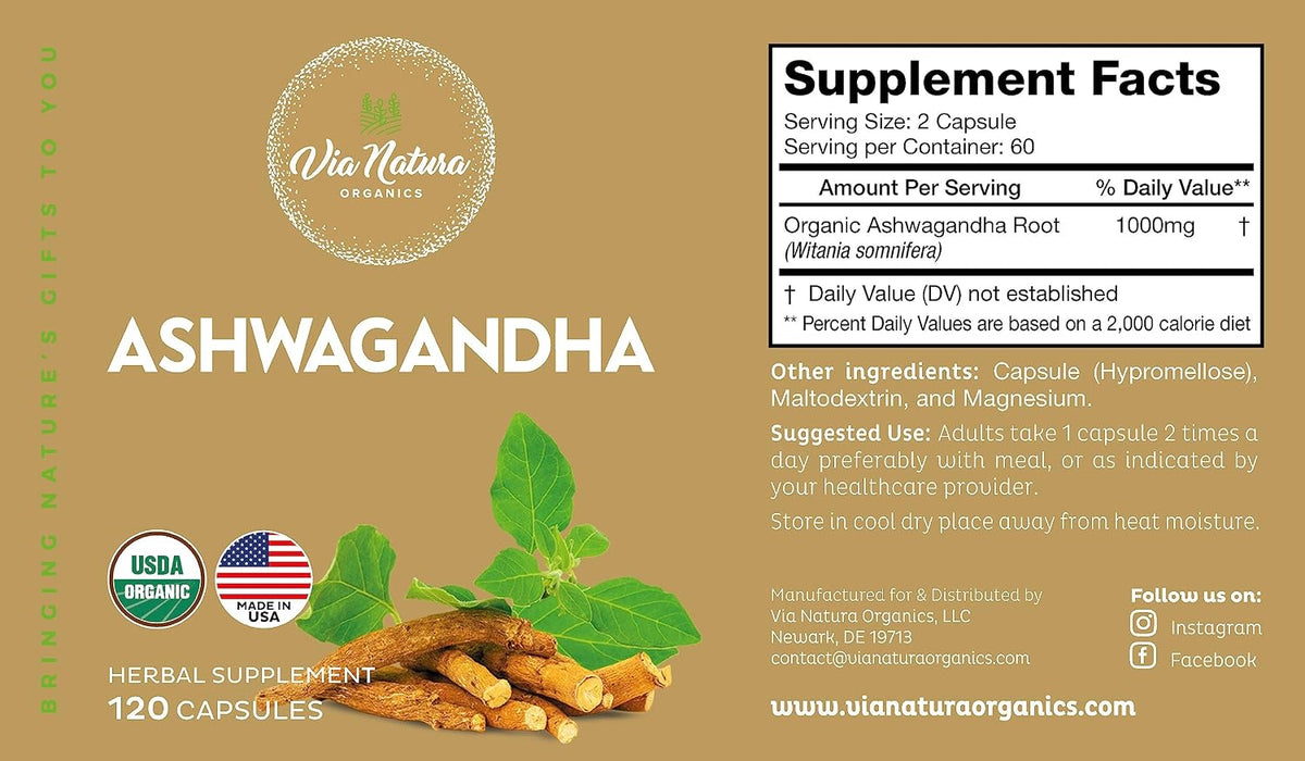 Organic Ashwagandha Capsules 1000mg | Herbal Supplement - 120 Capsules - görsel 2