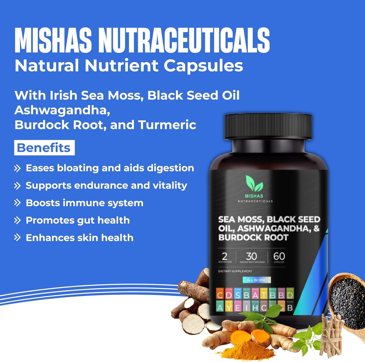 Mishas Nutraceuticals Sea Moss Blend with Black Seed Oil, Ashwagandha, Turmeric, Bladderwrack, Burdock Root, Vitamin C & D3, Elderberry, Manuka, Dandelion, Yellow Dock, Iodine, Chlorophyll & ACV - görsel 7