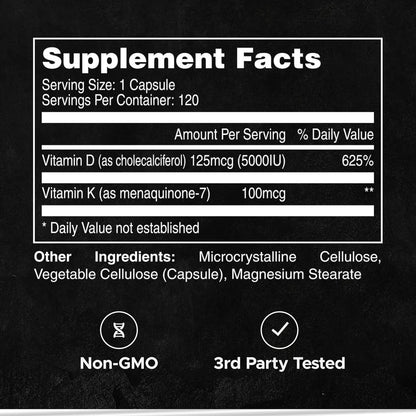FITAID Essentials Vitamin D3 K2 5000 IU Supplement - 125mcg D3 + 100mcg K2 MK7, 120 Vegetable Capsules
