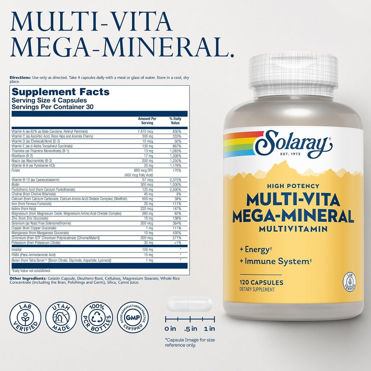 SOLARAY Multi-Vita Mega-Mineral Multivitamin for Women and Men – Energy & Immune Support with Vitamin D, C, Magnesium, Zinc, Iron, 120 Capsules - görsel 2
