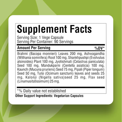 Herbsforever Omega Mind - Ayurvedic Brain & Cognitive Support Supplement with 10 Herbal Extracts, 90 Veg Capsules