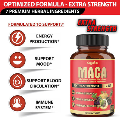 agobi Maca Root Capsules - 7-in-1 Herbal Blend for Energy and Mood, 90 Vegan Capsules (3-Month Supply)