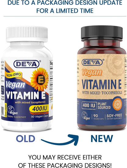Deva Vegan Vitamins Vitamin E 400 IU with Mixed Tocopherols - Non-GM Sunflower - 90 Vegan Capsules