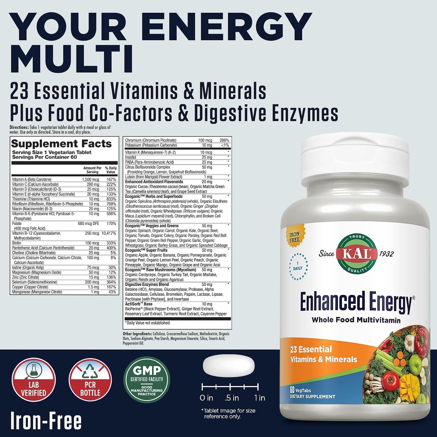 KAL Enhanced Energy Supplement - Whole Food Multivitamin for Men & Women, 60 Veg Tablets - görsel 2