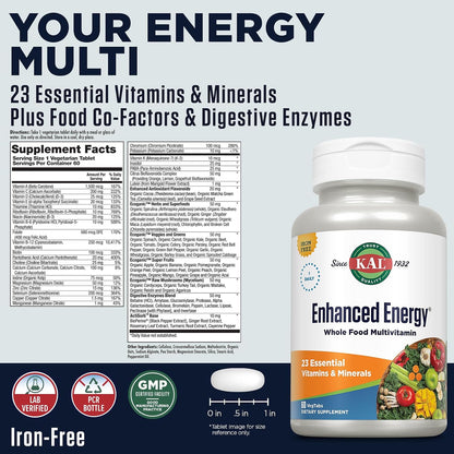 KAL Enhanced Energy Supplement - Whole Food Multivitamin for Men & Women, 60 Veg Tablets