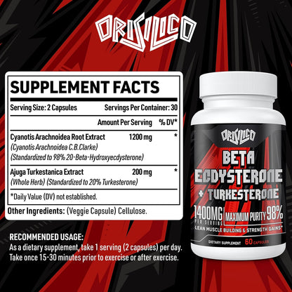 Orisilico Beta Ecdysterone & Turkesterone 1400 mg – 98% Beta Ecdysterone + 20% Turkesterone Extract for Muscle Mass, Strength & Protein Synthesis, 60 Capsules